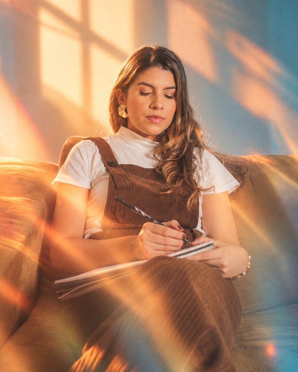 Natalie sentada no sofá, escrevendo em um caderno, com o olhar baixo e atento.