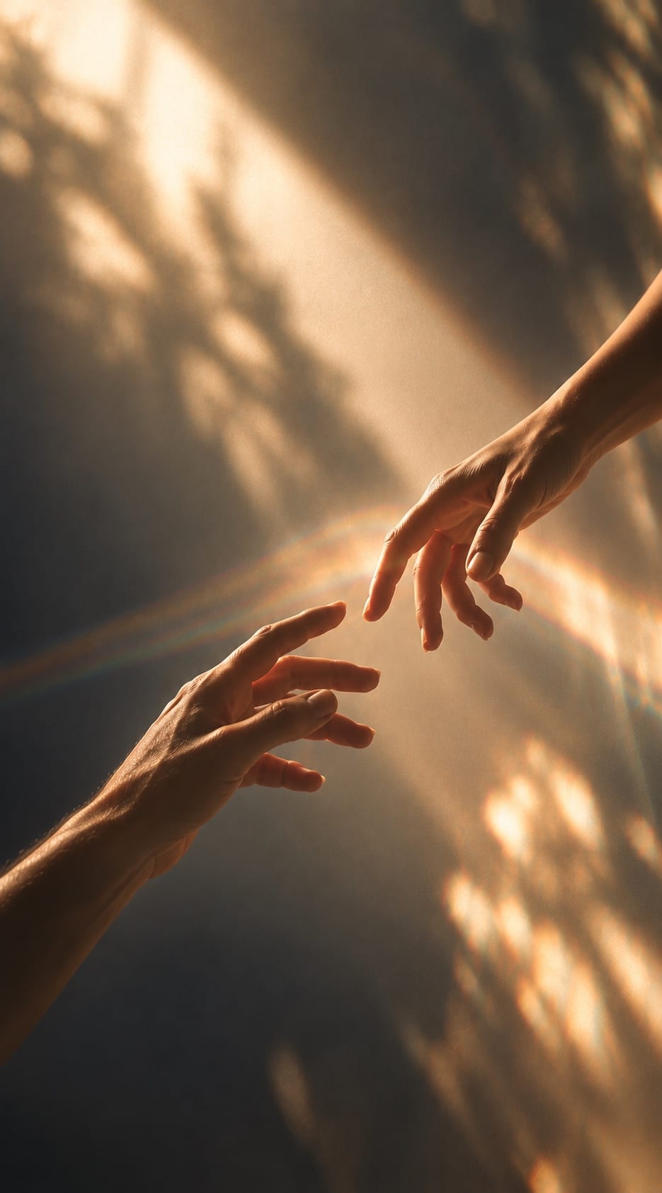 Duas mãos se aproximam numa luz quente, quase se tocando, sem que uma puxe a outra.